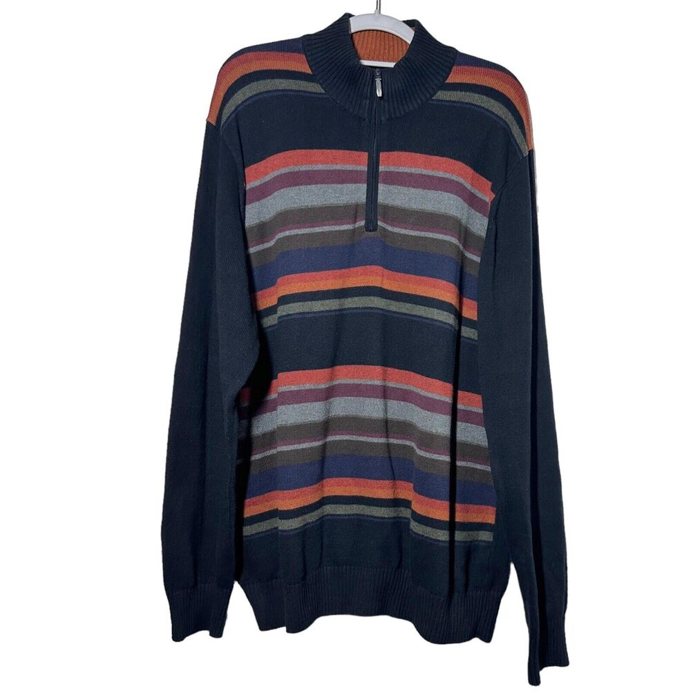 Alex Cannon Pullover Sweater Men's Size L 1/4 Zip Striped Cotton Knit Classic